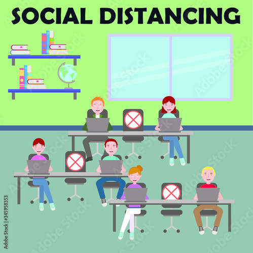 Poster for social distancing at school representing a class where pupils are spaced 1 meter apart on a green background