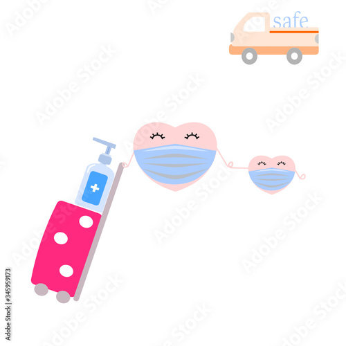 Couple Of Cute Mini Heart Wearing Blue Ear Loop Mask And Get Hand Sanitizer For Hand Washing For Protect Virus And Flu And PM2.5 To Travel In Pandemic Situation