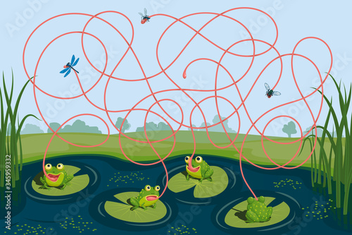 Four frogs caught a mosquito, a fly and a dragonfly. Guess which of them failed to catch the insect. Children's game picture riddle with a maze photo