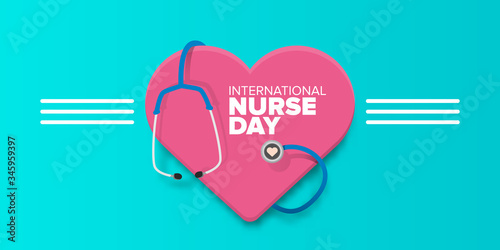 vector international nurse day greeting card or horizontal banner with stethoscope isolated on azure background. vector nurses day icon or sign design template