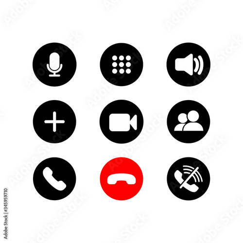 Mobile call buttons icons set flat. Phone, sound, microphone, camera, call symbols on isolated white background for applications, web, app. Set of communication icons. EPS 10 vector.