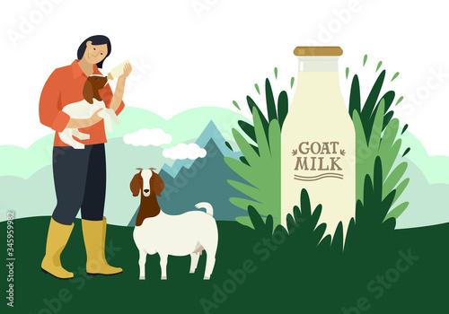 Farmer and goats Flat vector illustration Countryside and farmland, cattle breeding and stock raising Natural goat milk Decorative banner