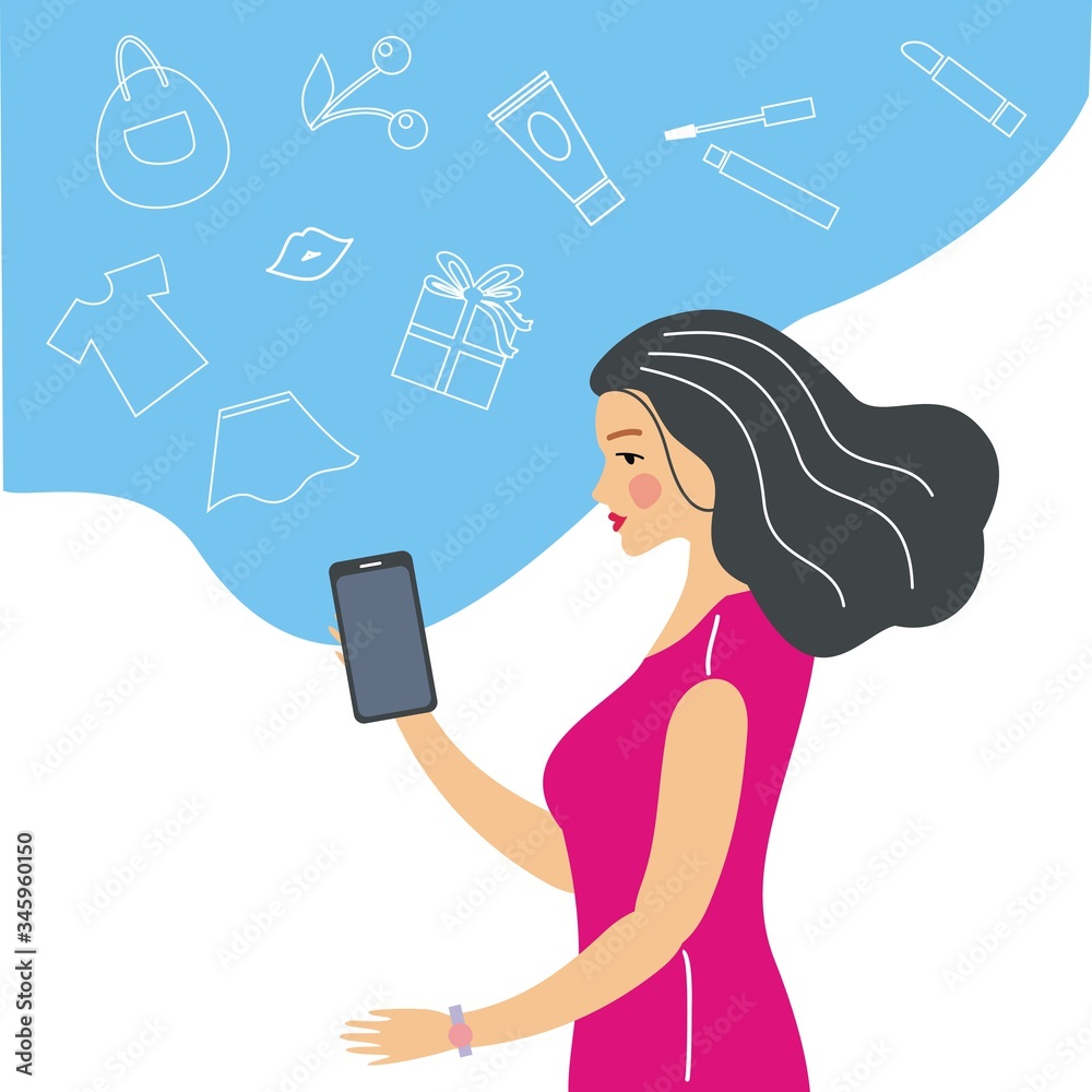 A beautiful girl with a phone buys stuff on the Internet A beautiful girl with a phone buys stuff on the Internet