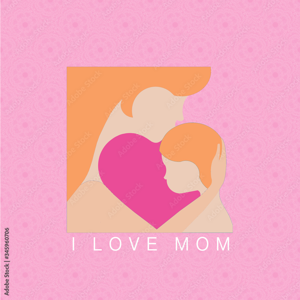 
illustration, mother's day, card, text in english, i love mom, happy mother's day, mother and child character, material motif background, romantic pink color