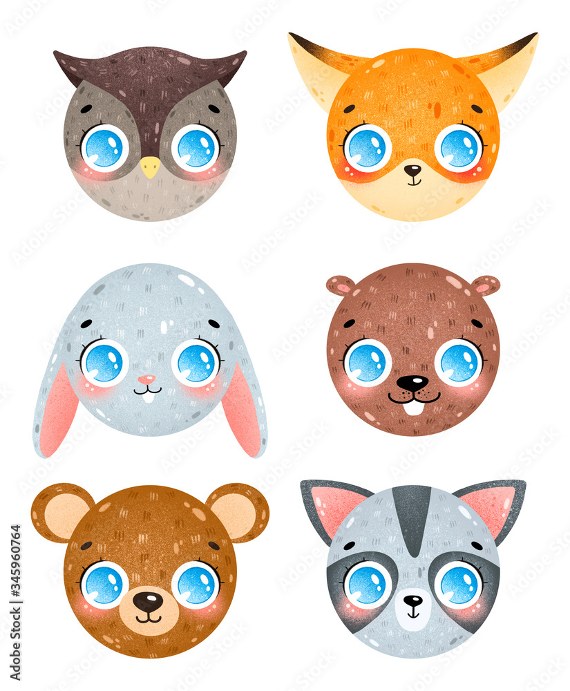 Cute cartoon forest animals faces icons set. Owl, fox, rabbit, beaver, bear, raccoon head. Forest animals emoticons pack isolated on white background. Cute cartoon forest animals faces icons set. Owl, fox, rabbit, beaver, bear, raccoon head. Forest animals emoticons pack isolated on white background.