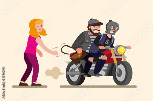 thieves snatch handbag from girl  woman has her bag stolen by motorbike mugger in cartoon flat illustration vector