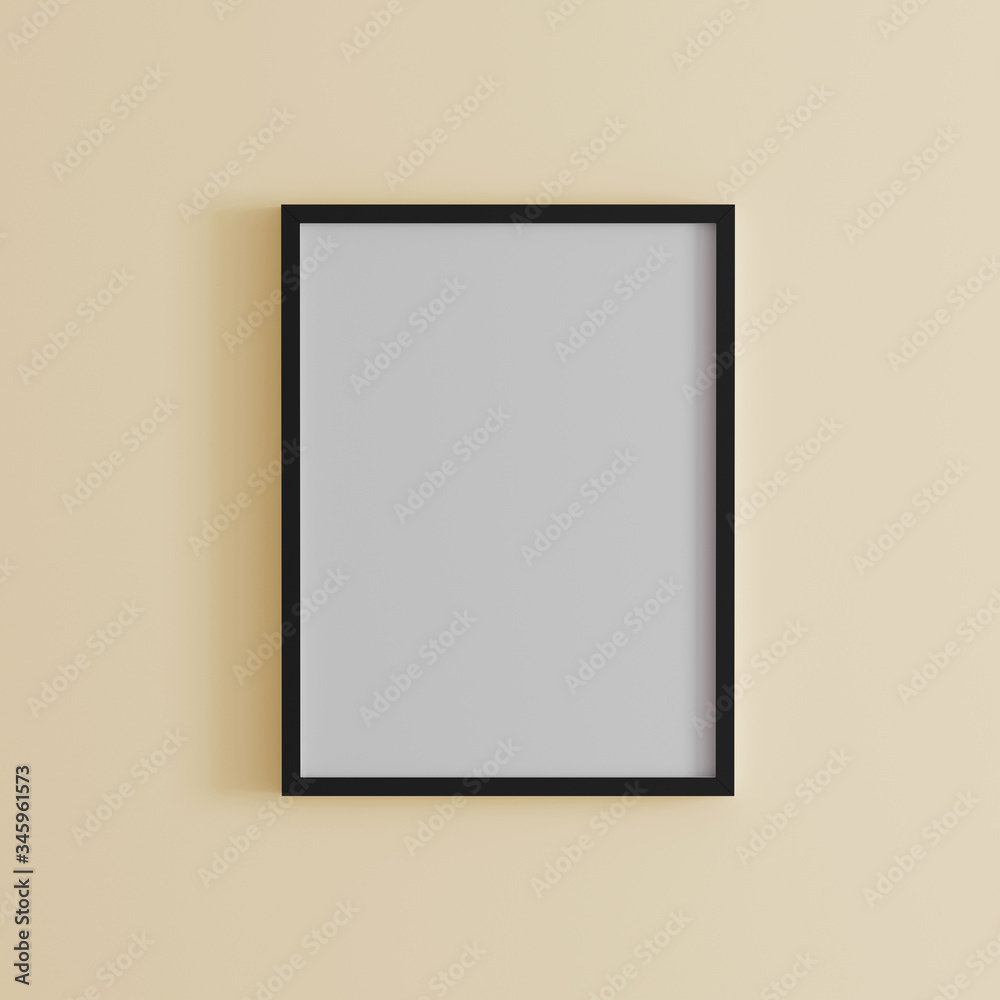 Blank Frame On Light Orange Wall Mock Up Vertical Black Poster Frame