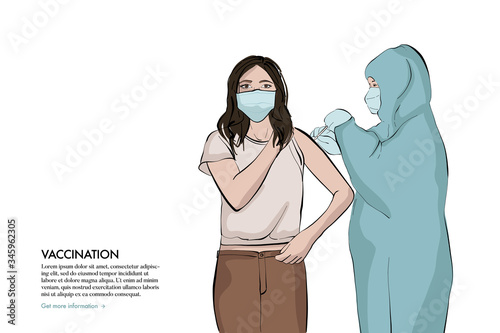 Anaesthetist making arm injection to girl. Anti flu virus syringe shot illustration. Nurse taking care of patient, coronavirus fight quarantine art. Vector cartoon flat character