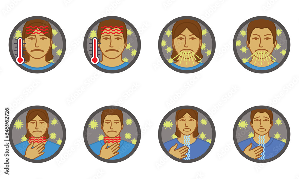 set of Coronavirus Covid-19 icons showing symptoms of virus by fever, coughing, sore throat, difficult breathing set of Coronavirus Covid-19 icons showing symptoms of virus by fever, coughing, sore throat, difficult breathing