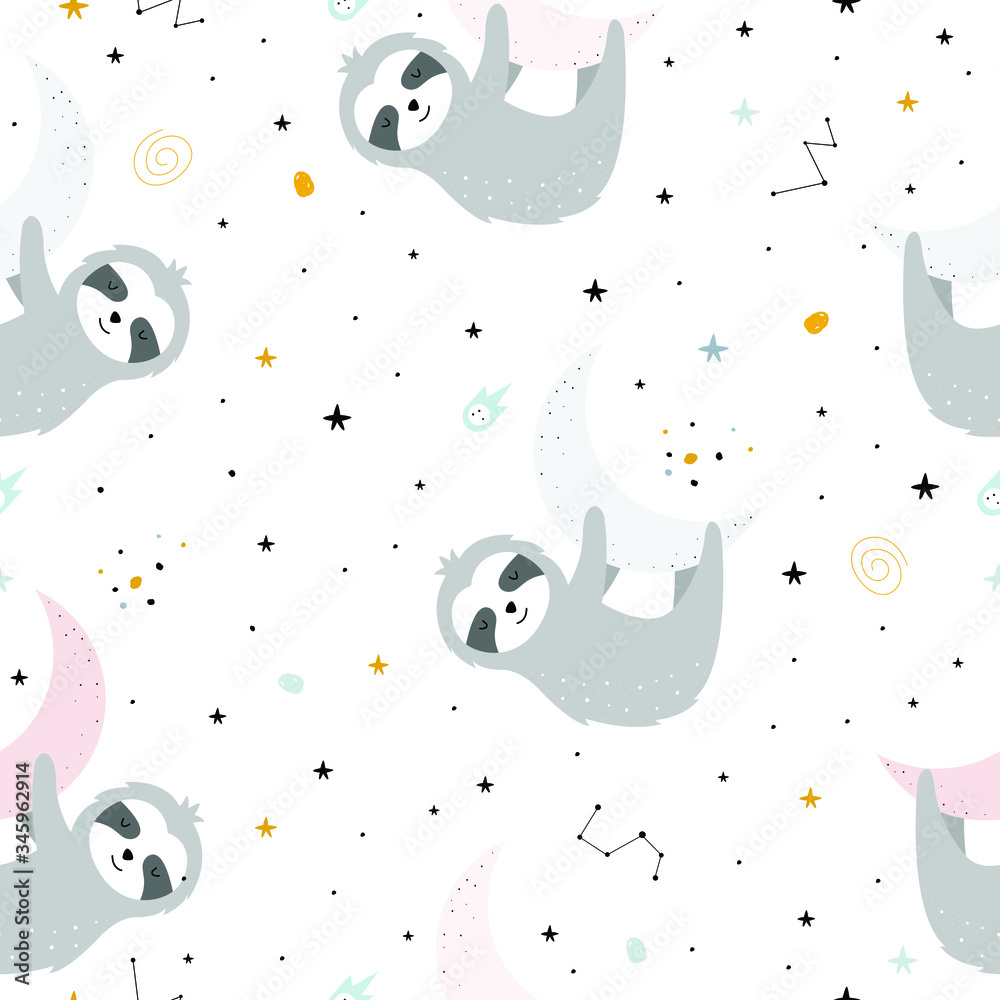 Fototapeta premium Seamless pattern for children Sloth cartoon character perched on the moon and star as a backdrop. Cute animal hand drawn background in child style. Vector illustration used for fabric, textile