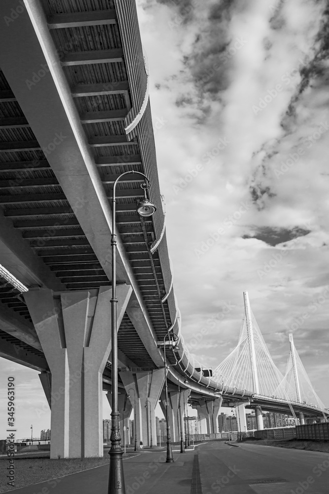 Fototapeta premium bottom view of a high-speed bridge across the Gulf of Finland. St. Petersburg. Russia. Black and white photography