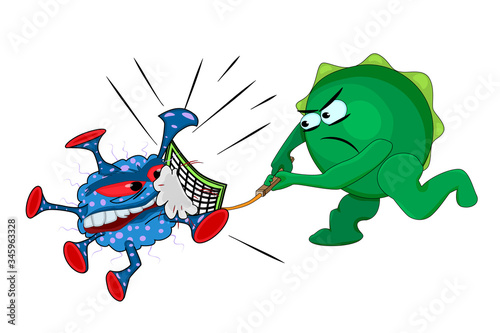 
Immunity fights the virus isolated on white background. Coronavirus. Cartoon character good bacteria fight against outbreak viruses. Power of immune boosting concept to fight disease. Stock vector