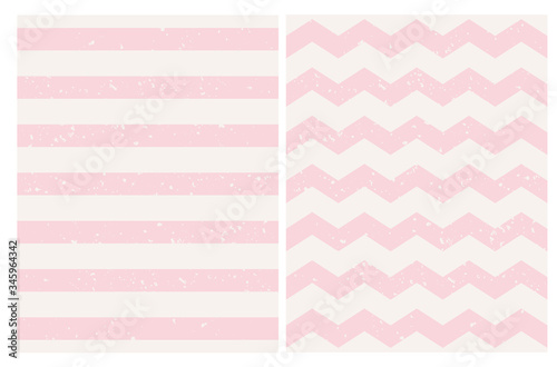 Pastel Pink Grunge Seamless Geometric Vector Patterns. Light Pink Stripes and Chevron Isolated on a Off-White Background. Simple Cracked Print. Cute Zigzags Backdrop. Striped Repeatable Background. 