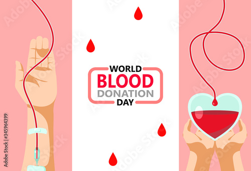 Blood donation day. Give life to be a hero. The donor arm is delivering blood to the recipient of the heart bag, sustaining life for the patient. Vector illustration flat design for poster and banner.