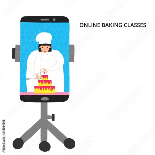 Online baking classes sign. Young chef woman decorates a big cake with cherry. Cook teacher. Cooking classes on mobile phone screen. Funny hand drawn design with copy space. Stock vector illustration.