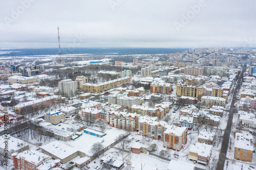 Panorama of the Kirov city and and Razderikhinsky ravine in the central part of the city of Kirov on a winter day from above. Russia from the drone.