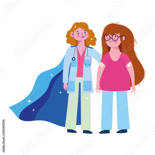 thanks you doctors, female physician and girl with vaccine band aid in two arms