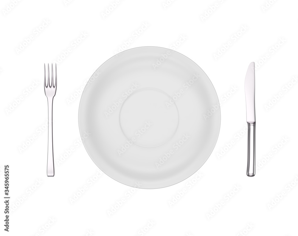 Empty dinner plate, fork and knife isolated on white, view from above. 3d render