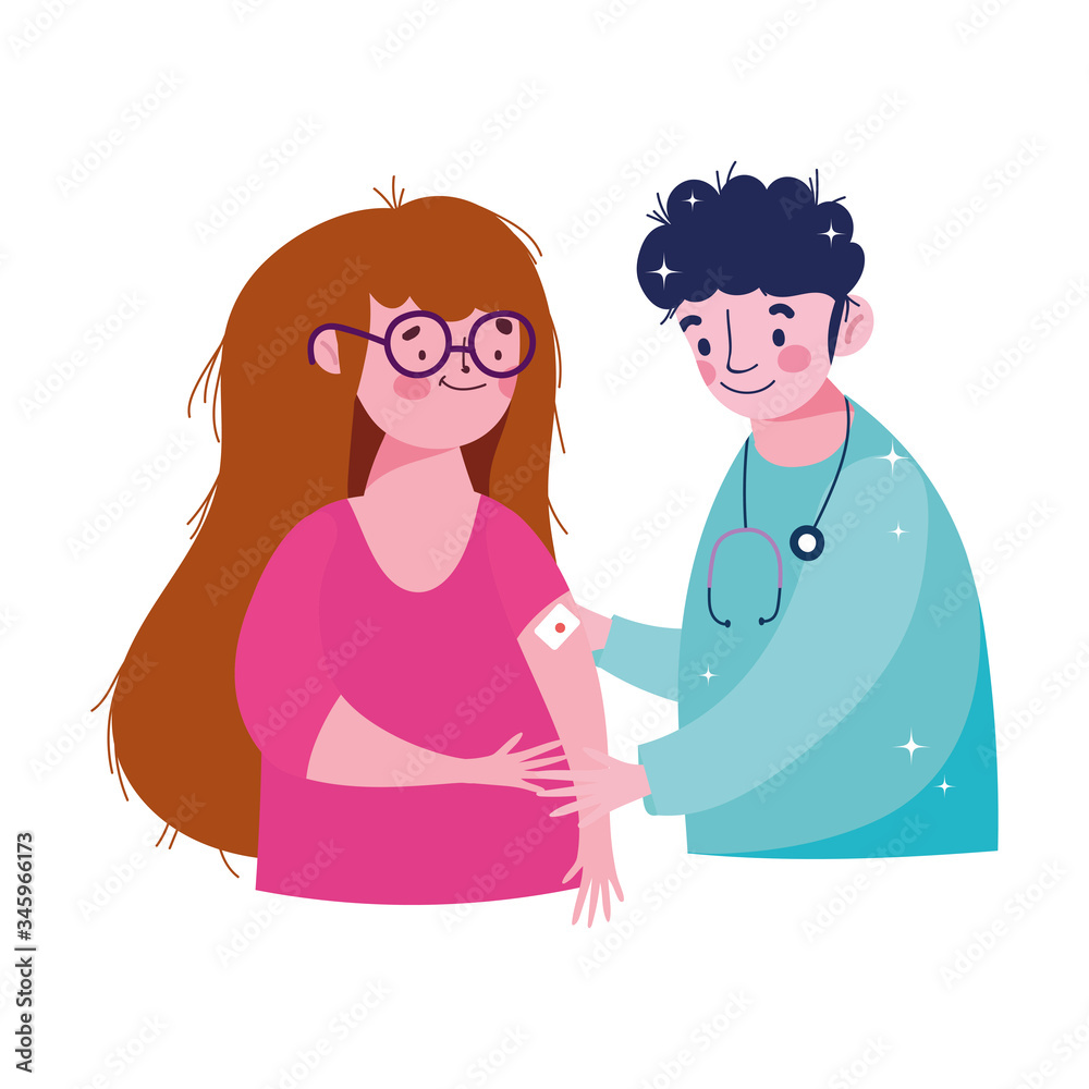 vaccination medical care, male nurse and girl patient with band aid in arm vaccination medical care, male nurse and girl patient with band aid in arm