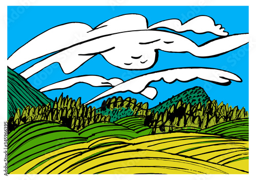 Hand-drawn landscape with mountains, clouds, sky, trees and fields. It can be used in stores, supermarkets, boutiques, on sites, booklets, price tags, in the mailing list, poster.