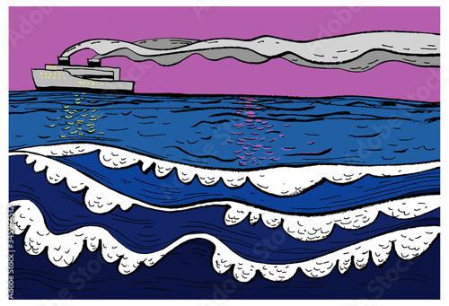 Image of a cruise ship with smoke from the pipes and waves with foam. Color vector illustration. It can be used in stores, supermarkets, boutiques, on sites, booklets, price tags, in the mailing list,