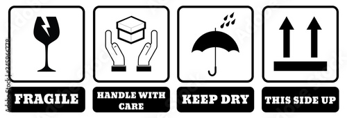 International Packing Symbols with name. (Fragile icon, Handle with care icon, Keep dry icon, This side up icon)