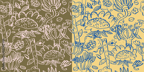 Pattern with painted flowers, in two colors, two options. Calligraphy. Color vector illustration. Can be used for wrapping paper, wallpaper, fabric, gift wrap, backgrounds.