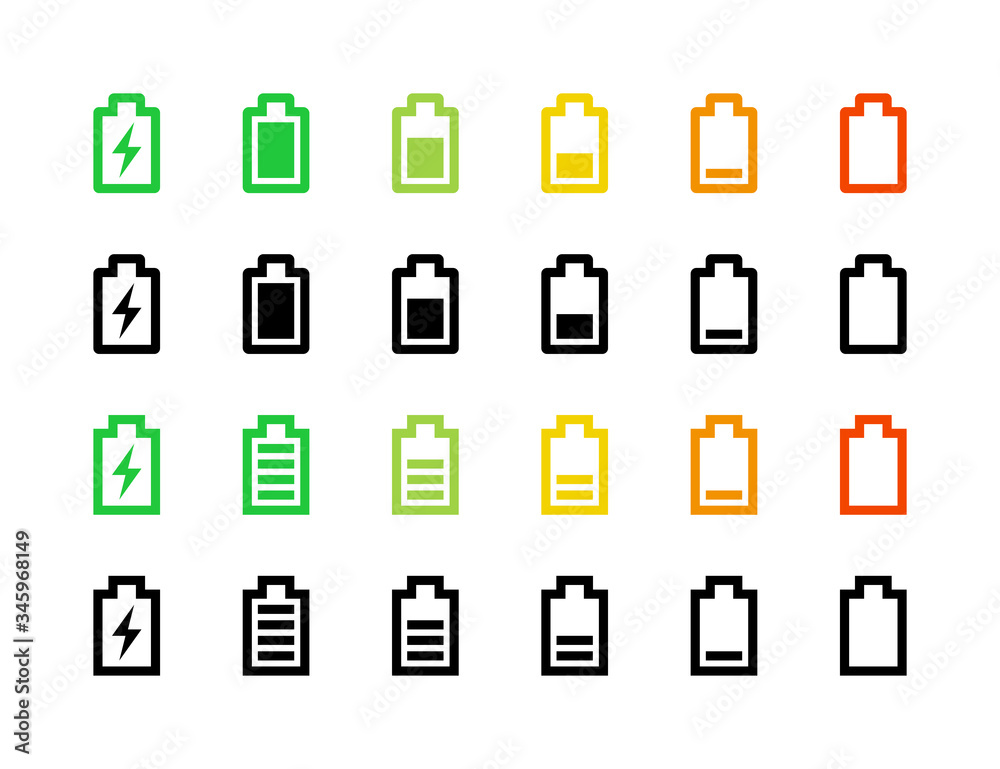 Full and low battery icon set. Simple horizontal charge indicator sign collection, accumulator logo isolated on white. Vector illustration for web, mobile app, ui design Full and low battery icon set. Simple horizontal charge indicator sign collection, accumulator logo isolated on white. Vector illustration for web, mobile app, ui design