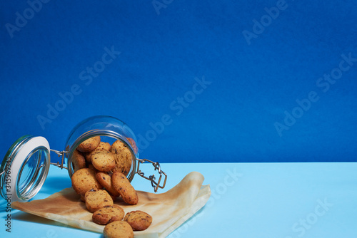 Homemade cookies with plain colored backgrounds.