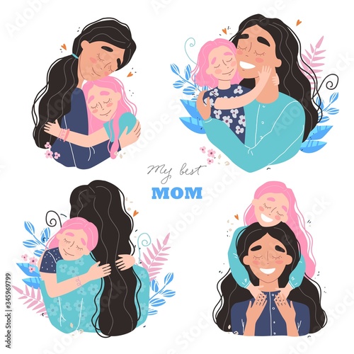 Beautiful young woman and her charming little daughter. Girl hugs mom and smiles. Set of illustrations for mothers day