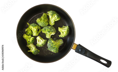 Green frozen broccoli in a pan, isolate on white