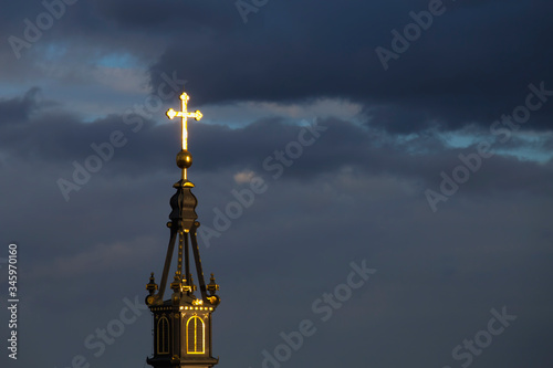 Golden cross on bell tower of Saint Nicholas church in Zemun Serbia