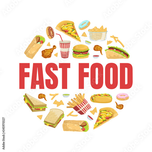Fast Food Banner Template with Tasty Unhealthy Meals of Round Shape, Menu or Advertising Banner, Poster, Flyer, Brochure or Packaging Vector Illustration