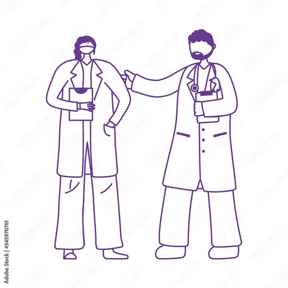 thanks doctors nurses, female physician with medical mask and male professional thanks doctors nurses, female physician with medical mask and male professional