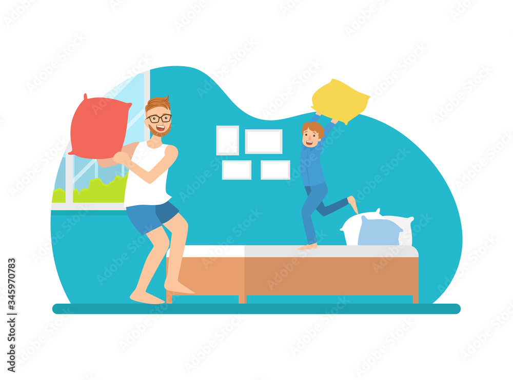 Dad and His Son Having Pillow Fight, Father and His Child Having Fun Together Vector Illustration