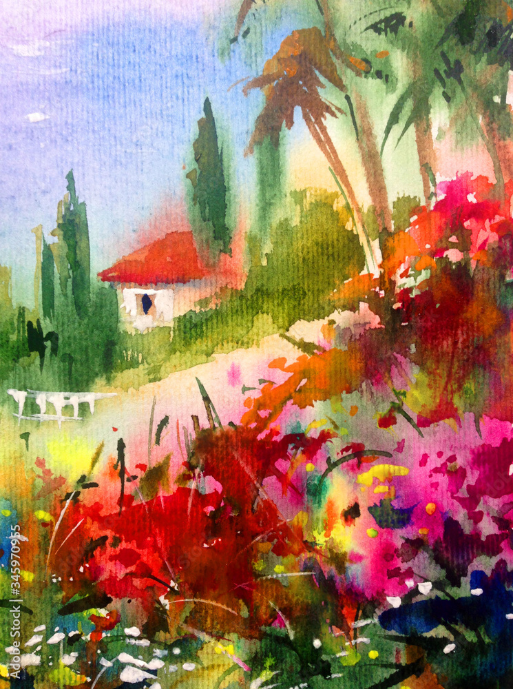 Obraz premium Watercolor colorful bright textured abstract background handmade . Mediterranean landscape . Painting of architecture and vegetation of the park , made in the technique of watercolors from nature