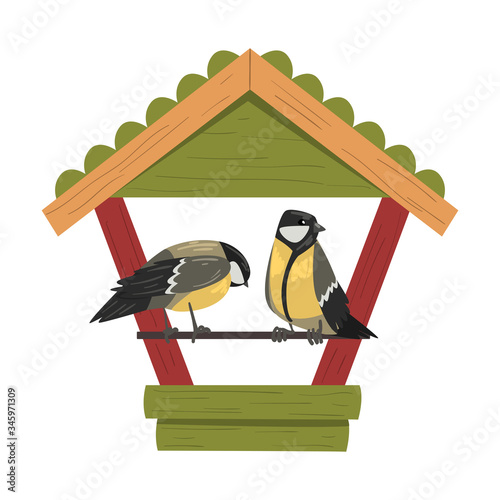 Winter Bird Feeder with Titmouses, Northern Birds Feeding by Seeds in Wooden Feeder Vector Illustration