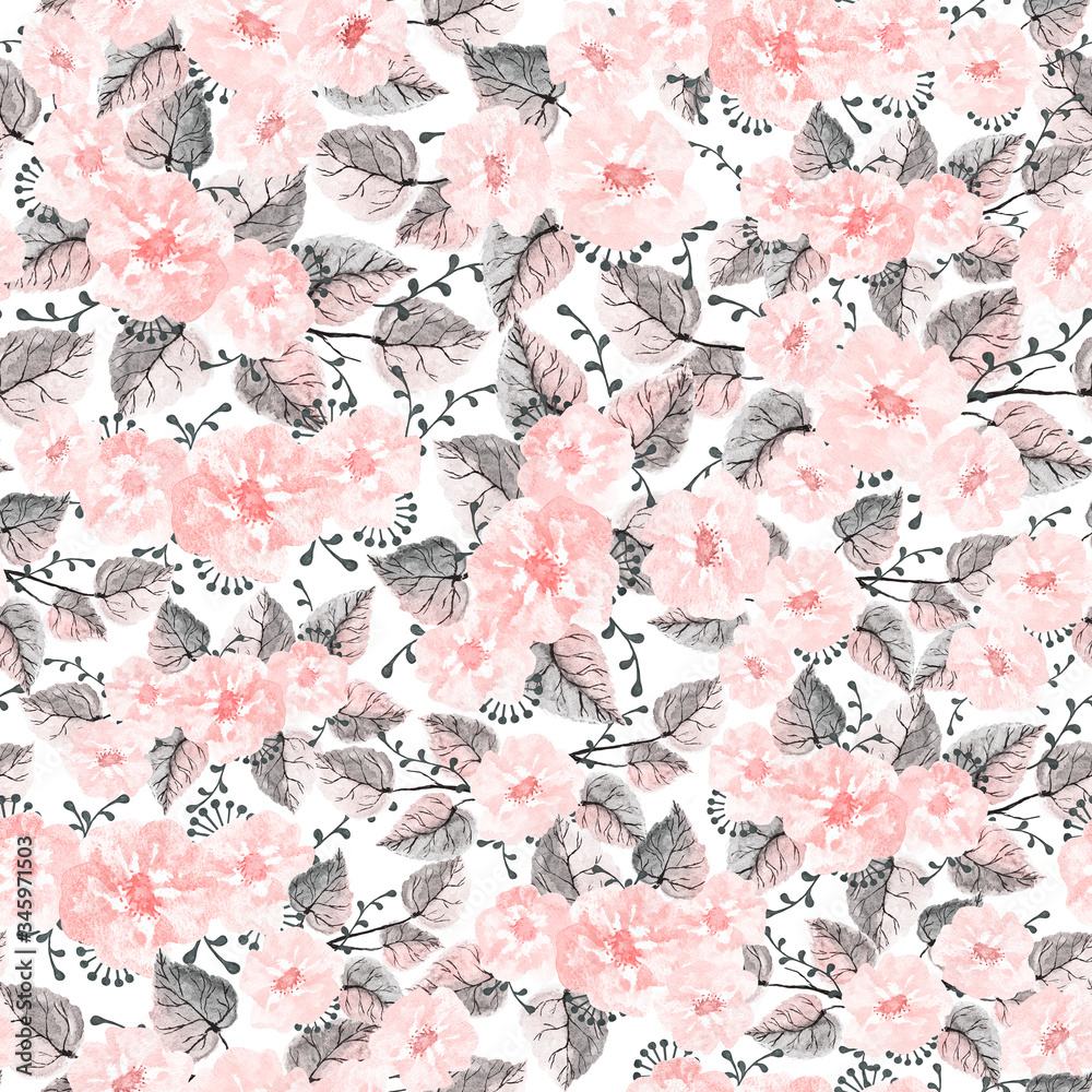 Fototapeta premium Hand drawn seamless pattern of pink blooming wildflowers, leaves and branches on a white background. Decorative watercolor illustration for design card, invitation, wallpaper, wrapping paper, fabric