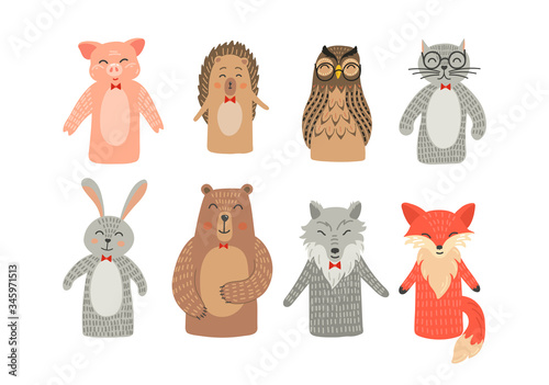 Puppet theatre. Hand toys animals set: pig, hare, fox, owl, rabbit, woolf and bear. 