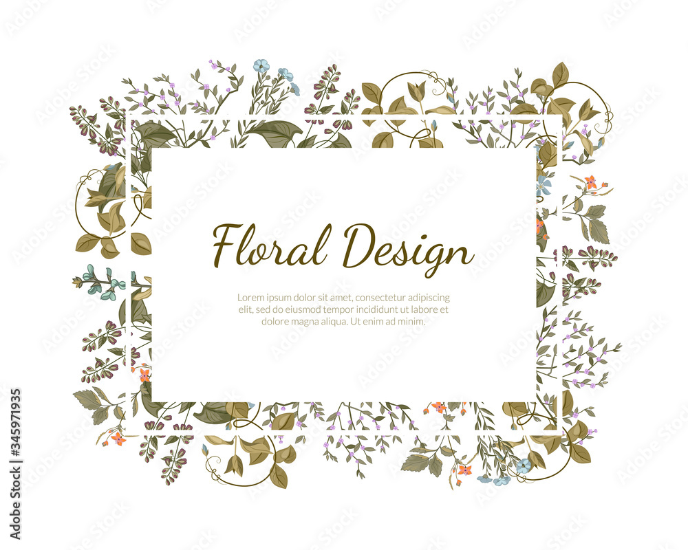 Elegant Floral Design Rectangular Frame with Place for Text, Wedding Invitation Card, Banner Template Vector Illustration