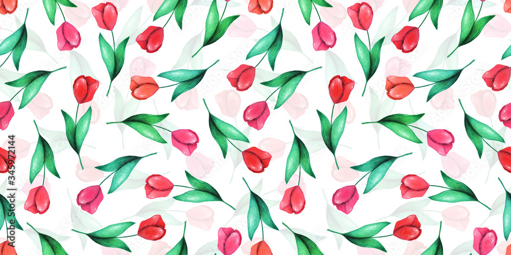 Hand drawn seamless pattern of blooming flowers, leaves and branches on white background. Red tulips. Decorative watercolor illustration for design card, invitation, wallpaper, wrapping paper, fabric Hand drawn seamless pattern of blooming flowers, leaves and branches on white background. Red tulips. Decorative watercolor illustration for design card, invitation, wallpaper, wrapping paper, fabric