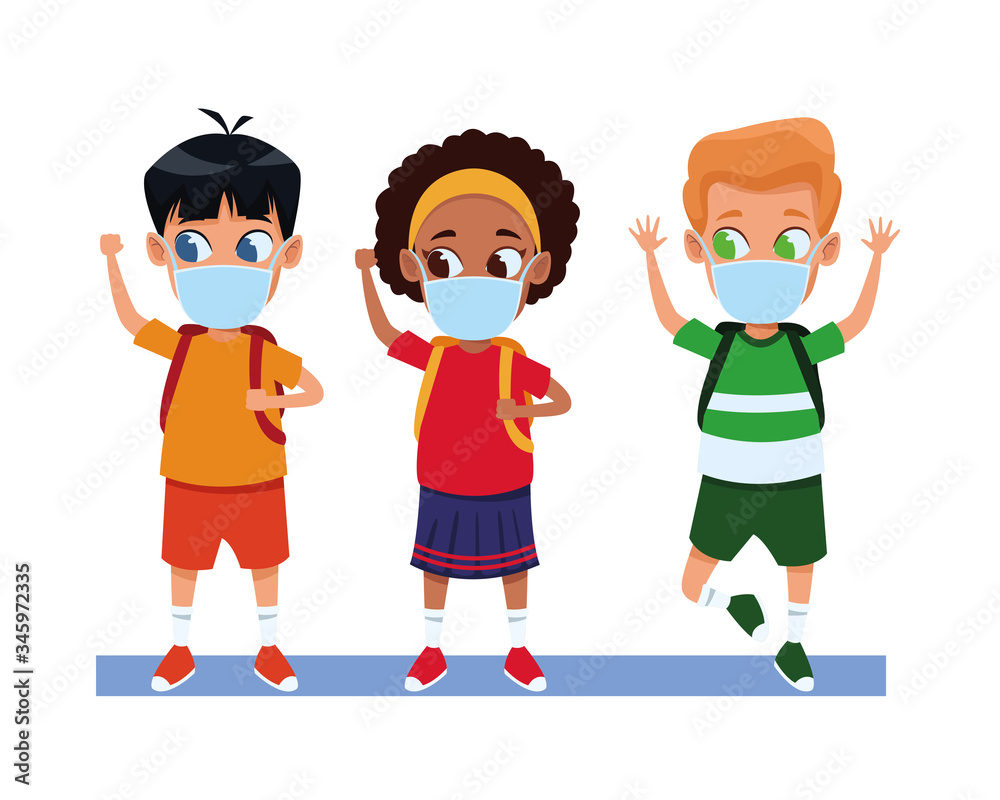 interracial kids couple using face masks for covid19 interracial kids couple using face masks for covid19