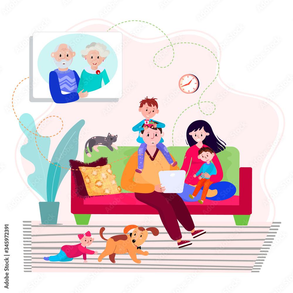 Happy husband, wife and kids call Elderly grandparents. Family stay home and have video conference. Online dialogue with grandma and grandpa using tablet. Distant connection Old couple and children. Happy husband, wife and kids call Elderly grandparents. Family stay home and have video conference. Online dialogue with grandma and grandpa using tablet. Distant connection Old couple and children.