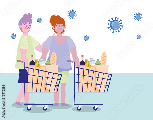 people hoarding purchase, two men with supermarket shopping carts with food
