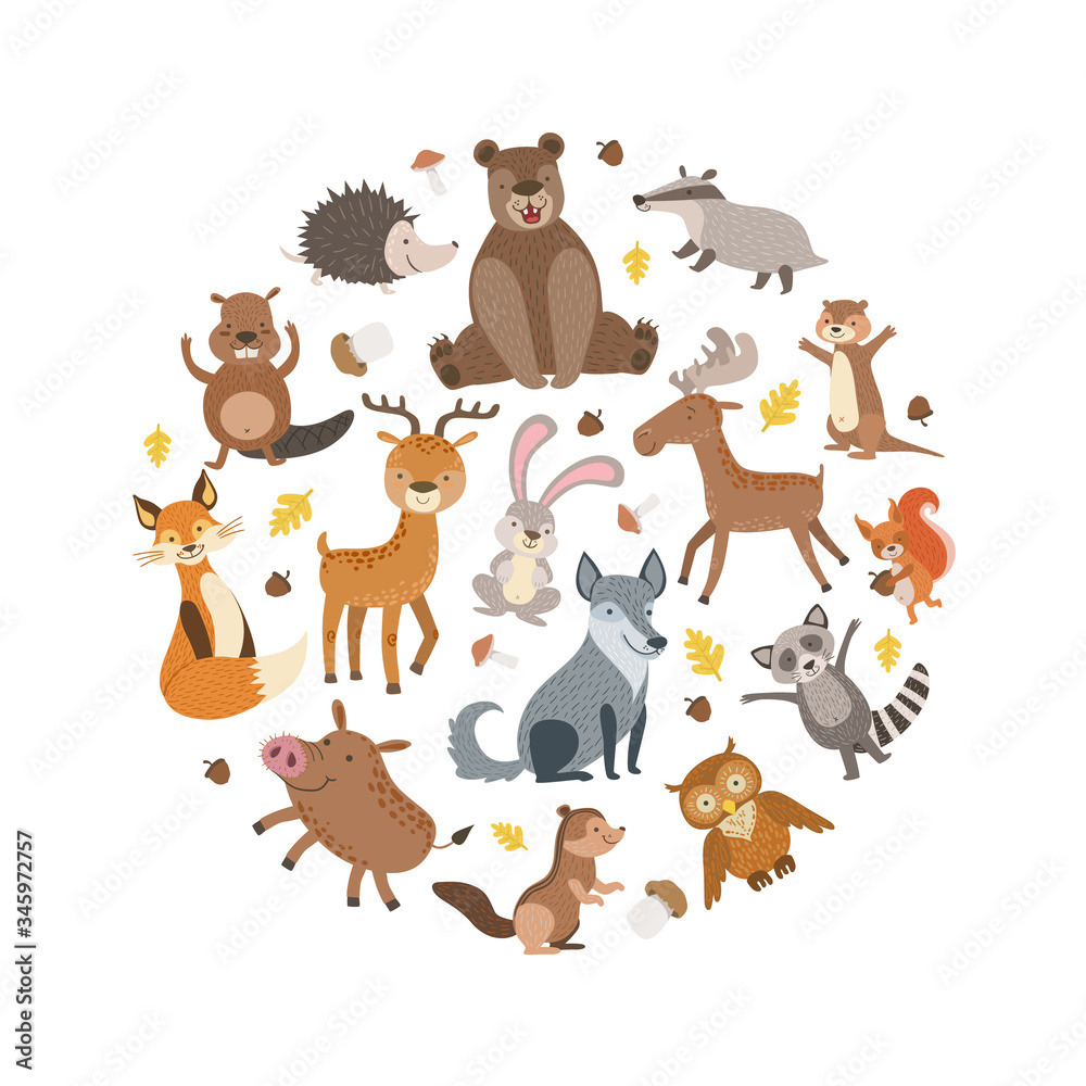 Obraz premium Cute Wild Forest Animals Pattern of Round Shape, Greeting Card, Poster, Banner, Background Design Element Vector Illustration