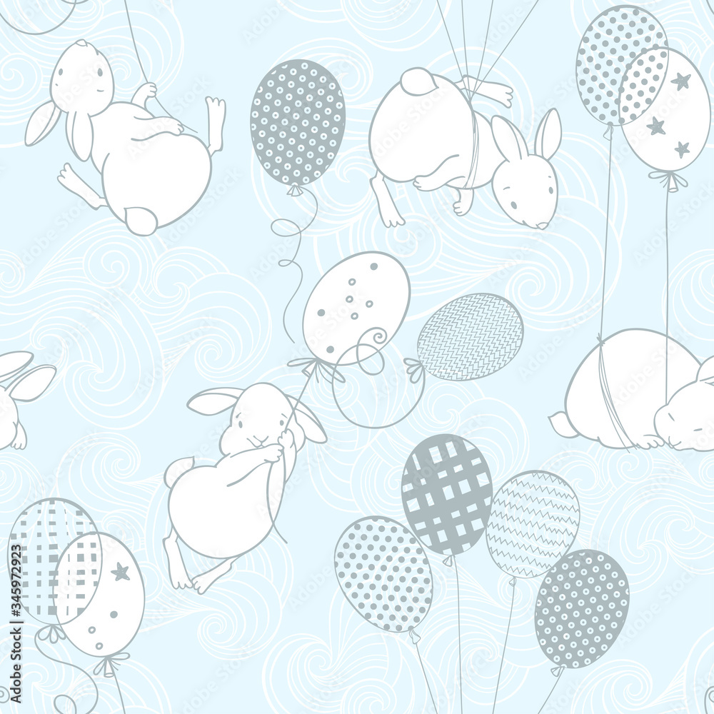 Cute rabbits on balloons in the clouds. Seamless vector pattern. Cartoon animal background .
