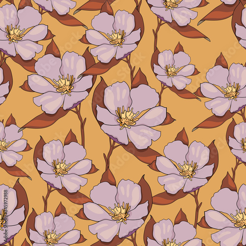 Seamless vector pattern of Chemernik on orange background. Pattern of winter flowers. Use for printing, textiles, design, design, leaflets, greetings, websites, wallpapers and wrapping paper. photo