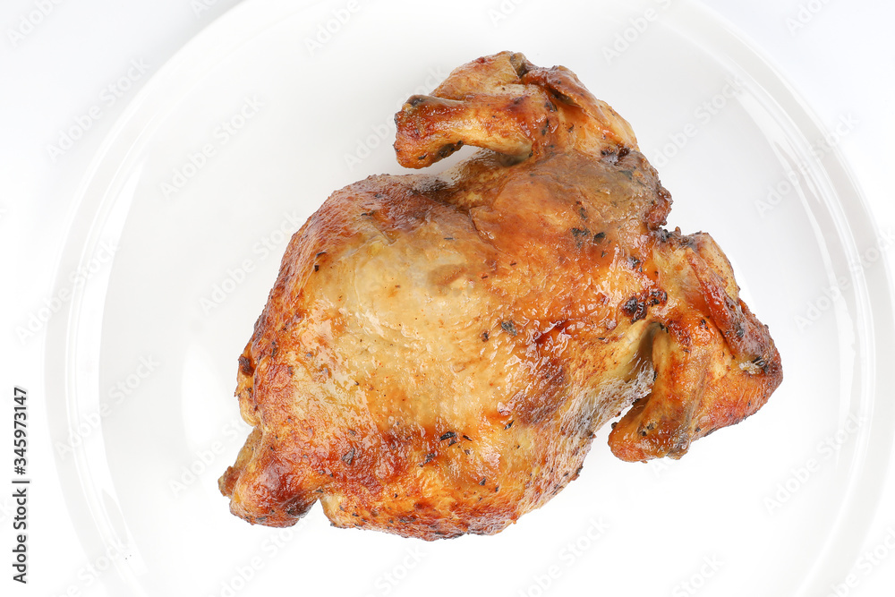 Whole roasted grilled chicken poultry bird on white background Whole roasted grilled chicken poultry bird on white background