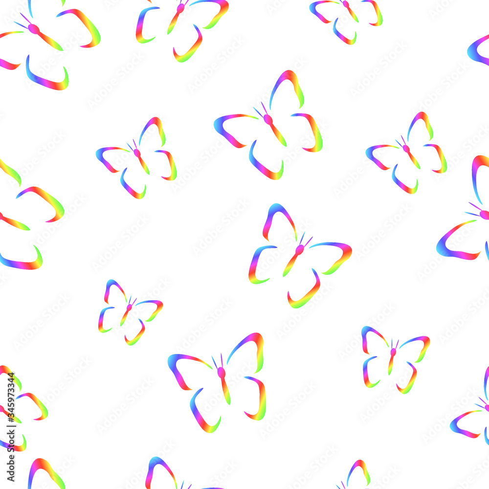 Multi-colored butterflies on a white background. Summer print. Vector geometric seamless pattern.