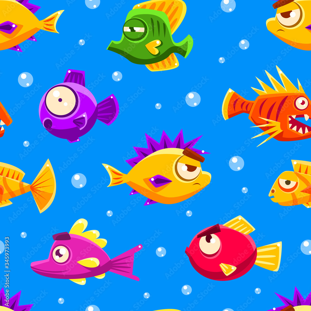 Cute Colorful Tropical Fishes Seamless Pattern, Ocean or Sea Life Design Element Can Be Used for Fabric, Wallpaper, Packaging, Web Page Vector Illustration